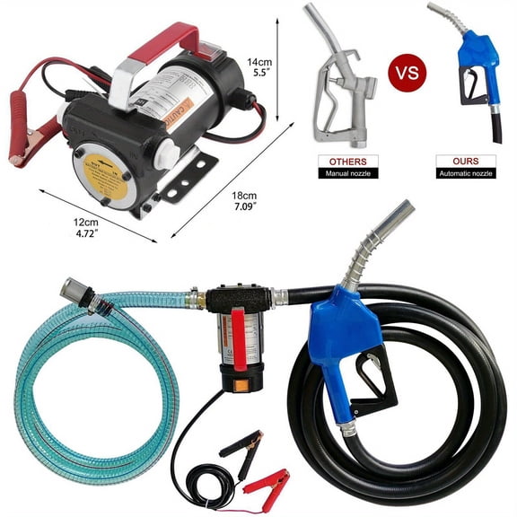 12V DC Commercial Electric Fuel Transfer Pump - Diesel, Kerosene, Oil Compatible - Automatic Nozzle and Durable Construction for Heavy-Duty Use