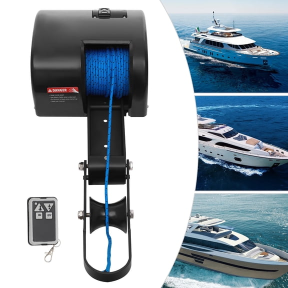 12V DC Electric Boat Anchor Winch with Remote Control, 35LBS Max Anchor Capacity 100FT 700LBS Breaking Strength Rope for Up to 24ft Boats