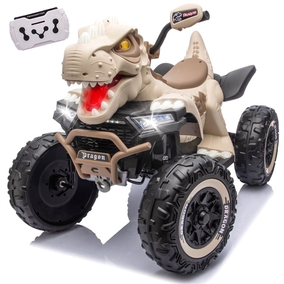 12V Dinosaur Kids Ride On Car, 2 Seater Electric Ride On Toy for Kids with Remote Control, Bluetooth, USB, 4 Wheel Suspension, Powered Dinosaur Toy Car for Boys and Girls Ages 3-8, Khaki