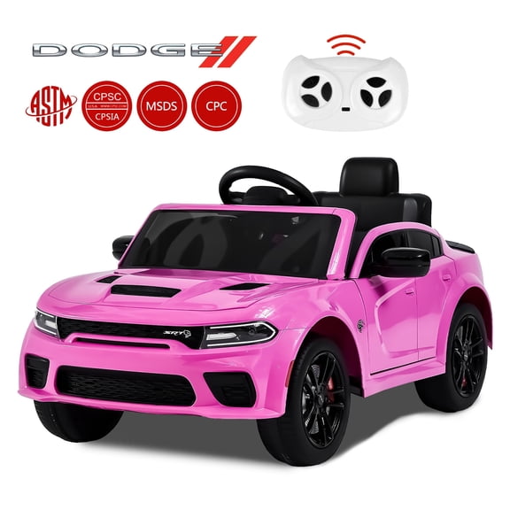 12V Dodge Charger Ride on Car with Remote Control Electric Vehicle for Boys and Girls Kids Ride on Toy for 3-6 Years Old, Power Ride on Truck, Bluetooth, LED light, Four wheel suspension, Pink