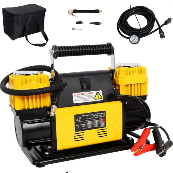 12V Dual Cylinder Tire Inflator Air Pump in Black with Pressure Gauge, Max 150 PSI for Cars, SUVs, and Trucks