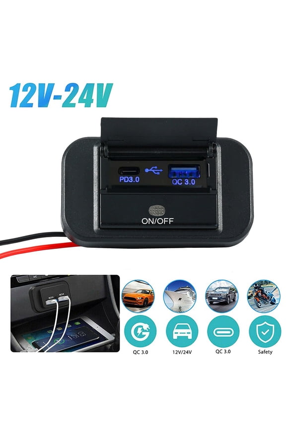 12V Dual USB Port QC3.0+PD3.0 Car Fast Charger Sockets Power Outlet Panel