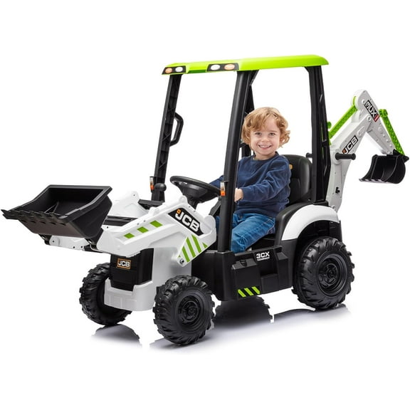 12V Electric Backhoe Loader Toy Car, Battery Powered Ride on Excavator & Wheel Loader Construction Vehicle Toys w/Remote Control, Moving Parts, White