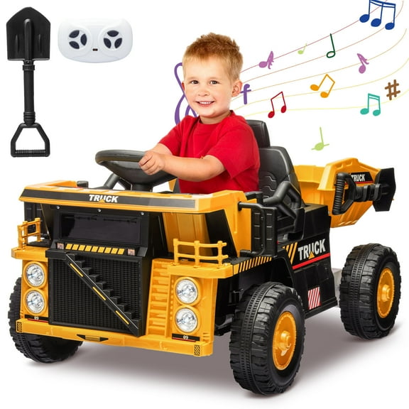 12V Electric Kid Car with Auto-Dump Bed, Dual 35W Motors & Remote Control, Includes Small Sand Shovel & Built-in Music Player Ride On Truck for Kids