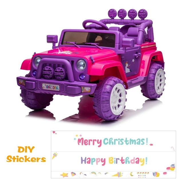 12V Electric Kids Car Toy Unicorn Ride On Car with Remote Control, DIY Stickers, MP3, LED Lights