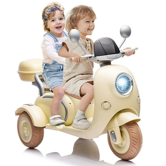 12V Electric Motorcycle for Kids, 2 Seater Battery Power Ride on Motorcycle Toys with Slow Start, LED, Music, USB, 3 Wheel Electric Motorcycle for Boy Girl Birthday Gift, Beige