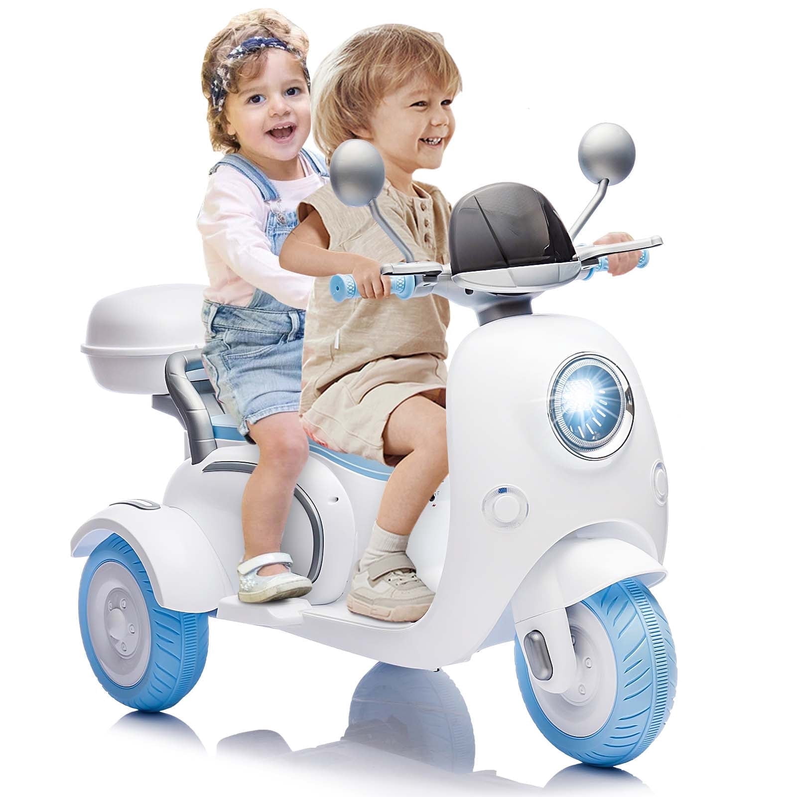 12V Electric Motorcycle for Kids, 2 Seater Battery Power Ride on Motorcycle Toys with Slow Start, LED, Music, USB, 3 Wheel Electric Motorcycle for Boy Girl Birthday Gift, Blue