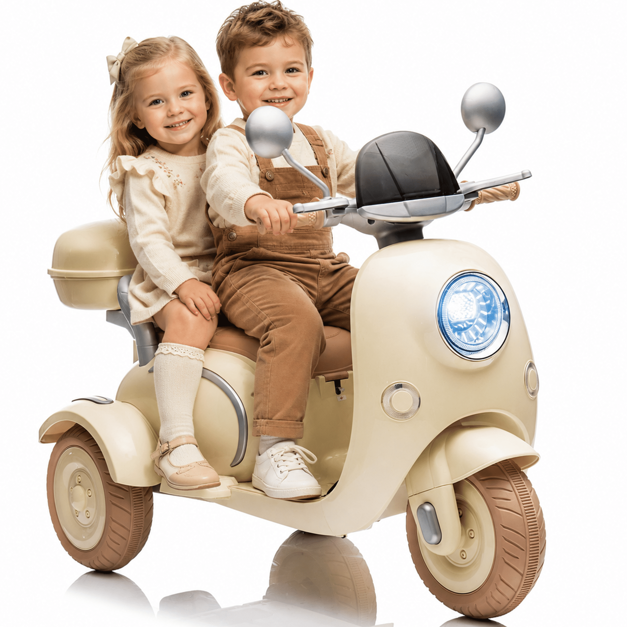 12V Electric Motorcycle for Kids, 2 Seater Battery Power Ride on Motorcycle Toys with Slow Start, LED, Music, USB, 3 Wheel Electric Motorcycle for Boy Girl Birthday Gift, Beige