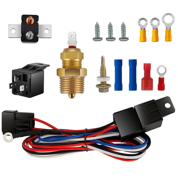 12V Electric Radiator Cooling Fan Relay Kit 40 AMP Thermostat Temperature Control Switch with Wiring Harness 3/8 NPT Sensor 1/2 NPT Adapter for Car Truck Hot Rod Engine Cooling System