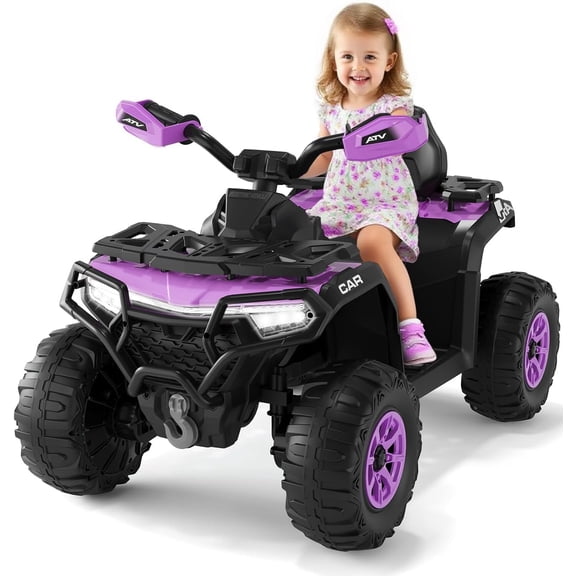 12V Electric Ride On ATV Quad, 4-Wheel Battery Powered Vehicle with Remote Control, Dual 390 Motors, LED Lights, Bluetooth, USB, Music, Spring Suspension, for Ages 3-8,Purple
