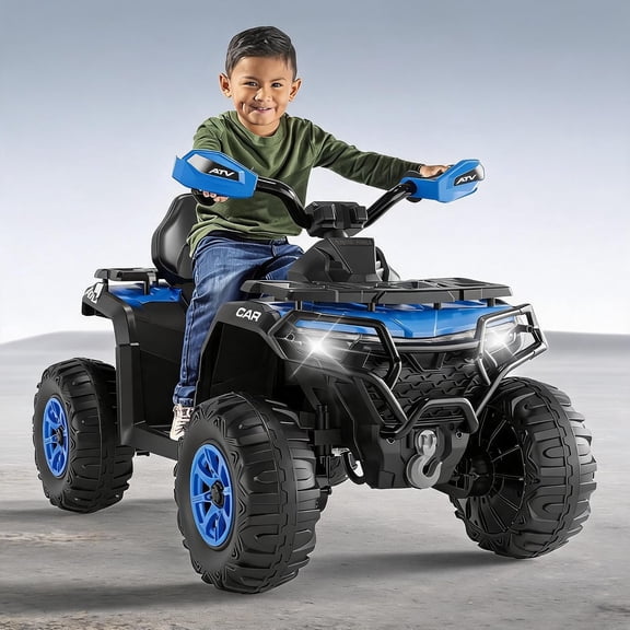 12V Electric Ride On ATV Quad, 4-Wheel Battery Powered Vehicle with Remote Control, Dual 390 Motors, LED Lights, Bluetooth, USB, Music, Spring Suspension, for Ages 3-8,Royal blue