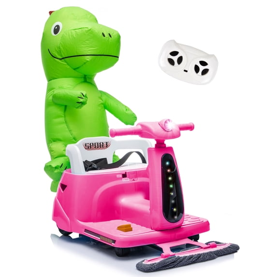 12V Ride On Car with Inflatable Character, Powered Ride On Toys with Cleaning Fun, Detachable Mop, Silent TPE Wheels, Bluetooth, Indoor & Outdoor Car for Kids Ages 3-5 - Pink