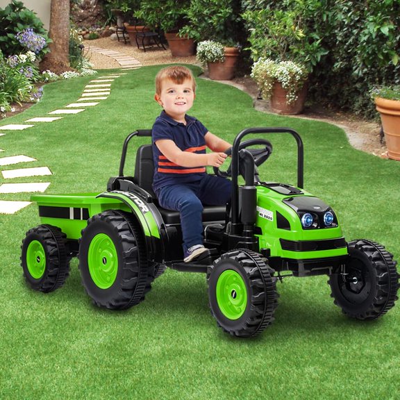 12V Electric Ride-On Tractor with Remote Control, Dual 35W Motors, Detachable Trailer, LED Lights, Music, Safety Belt, EVA Wheels, for Ages 3-8, 55 lbs Capacity,Green