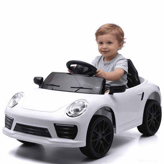 12V Electric Ride on Toys with Bluetooth Music, LED Lights, Power Car Wheels, Electric Car for Kids with Parent Remote Control (White)