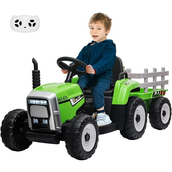 12V Electric Tractor Truck with Trailer for Ages 3-6 | Parent Remote Control | 7-LED Headlights & 3-Speed Gearbox | Music Player/USB Port