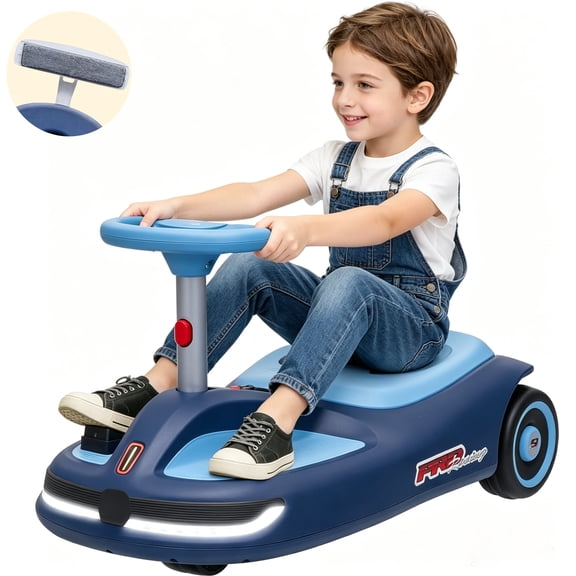 12V Electric Wiggle Car for Ages 3+, Akaber 2-in-1 Cleaning Ride on Toy with 2 Replaceable Mops, 1-2 Hrs Playtime, 2-4 Mph, Bluetooth Music LED Lights