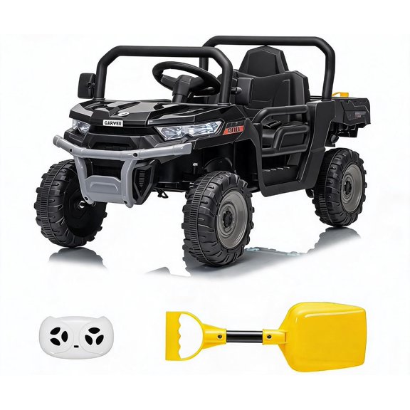 12V Four‑Wheel UTV with Powered Tilting Cargo Bed, 2WD Rear‑Wheel Drive, 2.4G Remote Control, Bluetooth Audio, LED Headlights, Max Speed 3 MPH,Black