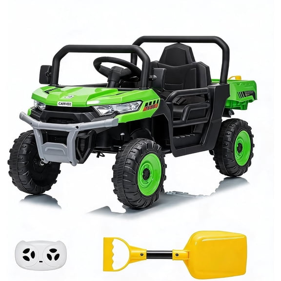 12V Four‑Wheel UTV with Powered Tilting Cargo Bed, 2WD Rear‑Wheel Drive, 2.4G Remote Control, Bluetooth Audio, LED Headlights, Max Speed 3 MPH,Green