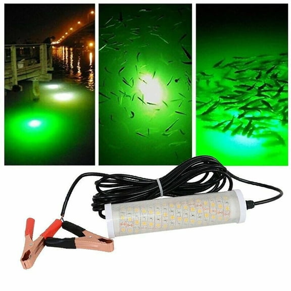 12V Green LED Underwater Fishing Light, Waterproof Submersible Fish Attractor Lamp with Battery Clips for Night Fishing Boat Dock Lake Ocean