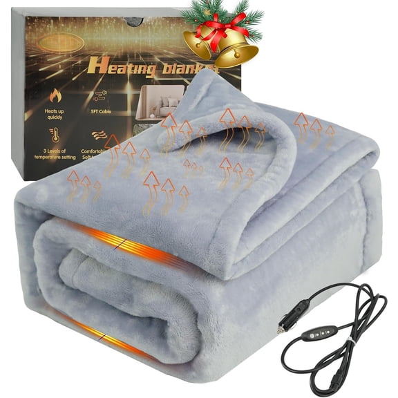 12V Heated Blanket for ,Machine Washable Electric Blanket Heated Travel Blanket Plug in Flannel Heating Throw for SUV Van 40x55" with Controller 3 Heating Level