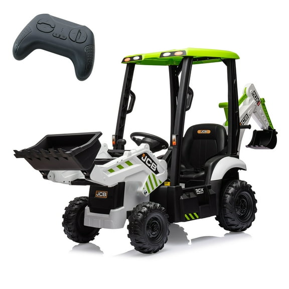 12V JCB Electric Ride-On Excavator for Kids, Battery Powered Backhoe Loader with Remote Control, Soft Start, Moving Arm & Seat Belt, White