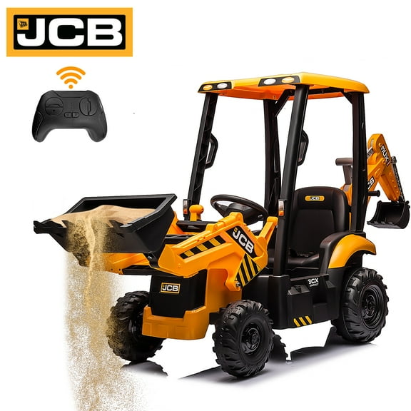 12V JCB Ride on Excavator Toy, 4 in 1 Ride on Tractor Truck with Remote Control, Powered Ride on Bulldozer Kids Electric Vehicles with Front Loader Bulldozer, Digger, Adjustable Seat, Yellow