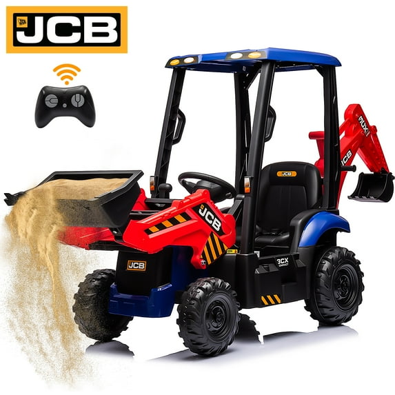 12V JCB Ride on Excavator Toy, 4 in 1 Ride on Tractor Truck with Remote Control, Powered Ride on Bulldozer Kids Electric Vehicles with Front Loader Bulldozer, Digger, Adjustable Seat, Red+Blue