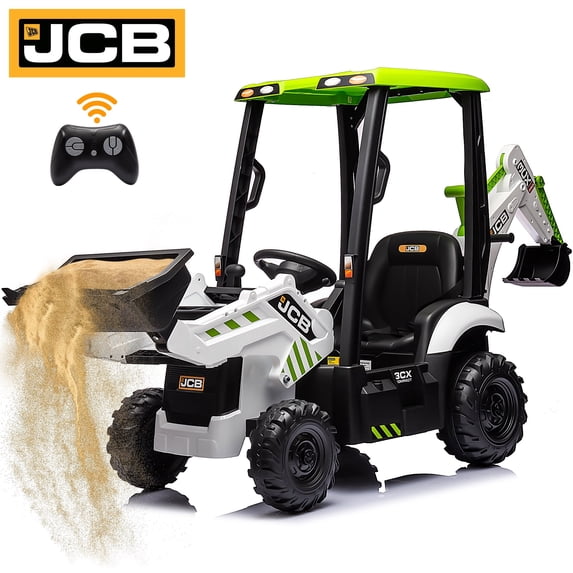 12V JCB Ride on Excavator Toy, 4 in 1 Ride on Tractor Truck with Remote Control, Powered Ride on Bulldozer Kids Electric Vehicles with Front Loader Bulldozer, Digger, Adjustable Seat, Green+White