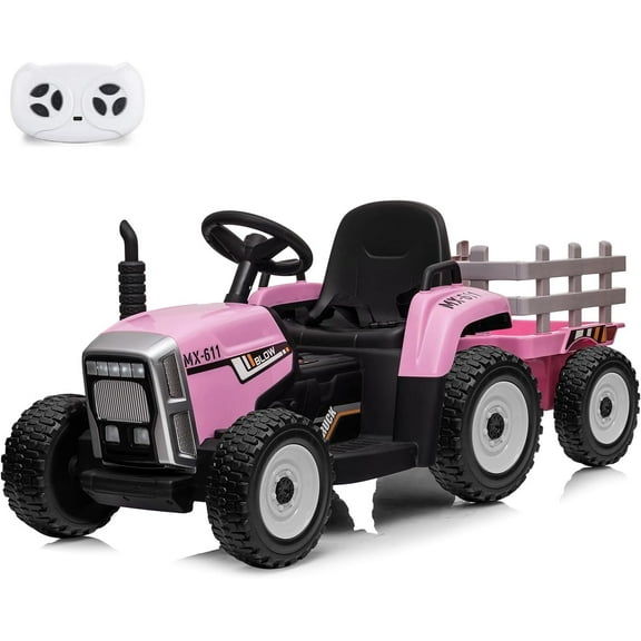 12V Kids Battery Powered Electric Tractor with Trailer, Toddler Ride On Car w/Remote Control/ 7-LED Headlights/ 2+1 Gear Shift/ MP3 Player/USB Port for Kids 3-6 Years (Rose, 38W/ EVA Tire)