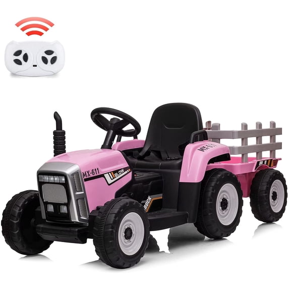 12V Kids Battery Powered Electric Tractor with Trailer, Toddler Ride On Car w/Remote Control/ 7-LED Headlights/ 2+1 Gear Shift/ MP3 Player/USB Port for Kids 3-6 Years (Pink, 25W/ Tread Tire)