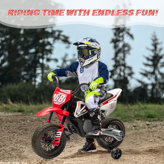 12V Kids Electric Dirt Bike Ride-On - 50W Dual Motor, Twist Grip Throttle, Training Wheels, Spring Suspension, wireless Music, 3 MPH Max Speed - Motorcycle Toy for Ages 3-8, Red