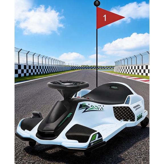 12V Kids Electric Drift Go Kart, 360° Spin Drifting Ride On Toy Car with Steering Wheel & Foot Pedal, Variable Speed Outdoor Racing Vehicle for Boys Girls Age 8+