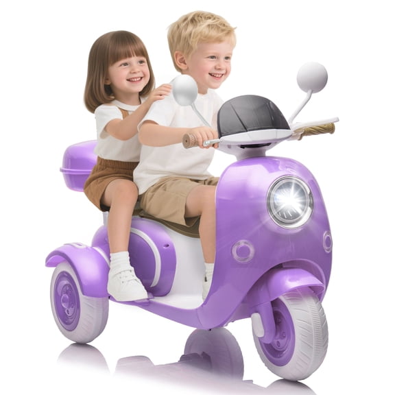 12V Kids Electric Motorcycle, 3 Wheel 2 Seater Ride on Motorcycle w/Remote Control, 25W*2 Motors Electric Motorcycle w/Big Storage Box, Music, Horn, Light, Ride on Toys for Kids 3-8, Purple