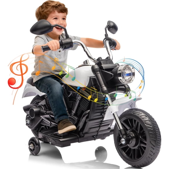 12V Kids Electric Motorcycle - 3-Wheel Ride-On Motorbike with Headlight, Horn, Music, Detachable Training Wheels, Reverse, Gentle Start - Battery Powered Toy for Boys & Girls Ages 3-5 - White