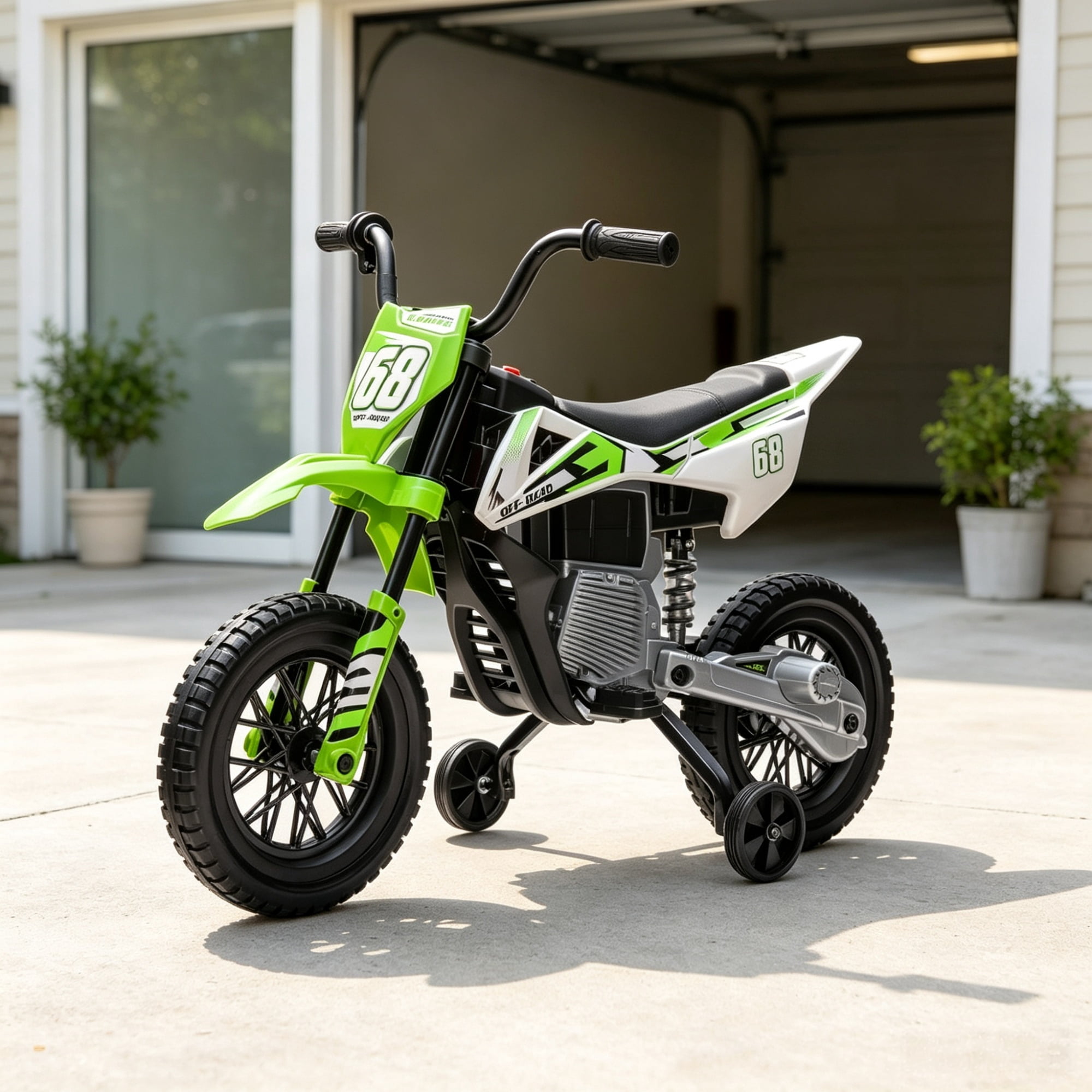 12V Kids Electric Motorcycle, Twist Handle Throttle, Safety Training Wheels, Rear Suspension System, Music Playback, Green
