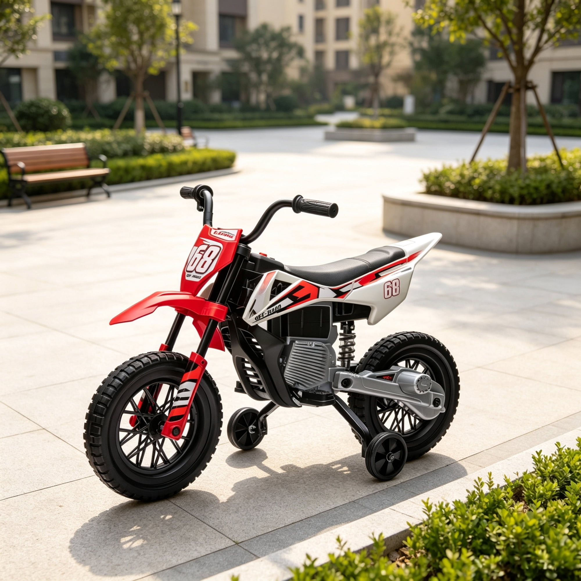 12V Kids Electric Motorcycle, Twist Handle Throttle, Safety Training Wheels, Rear Suspension System, Music Playback, Red