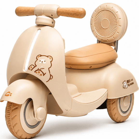 12V Kids Electric Motorcycle w/ 2.4G Remote Control, 3-Wheel Design & Soft-Start for Toddlers Ages 1-3 | Safe-Ride Lights & Bluetooth, Beige
