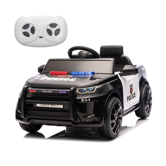 12V Kids Electric Police Ride-On Car – Remote Control, LED Flashing Lights, Megaphone, Music, Spring Suspension – Battery Powered Vehicle Toy for Boys & Girls Ages 3-8, Black