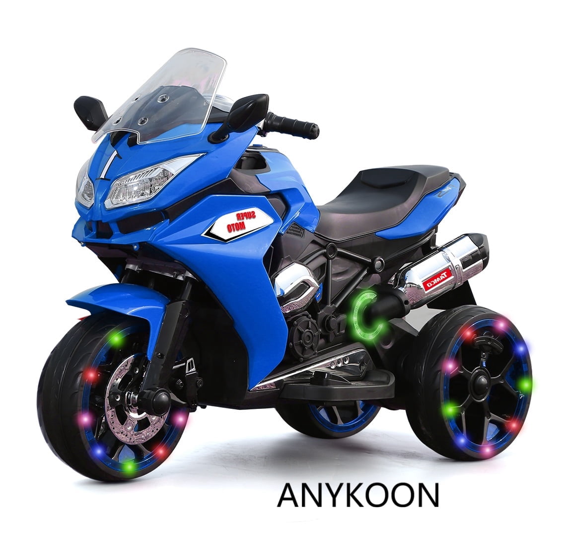 Anykoon 12V Kids Electric Ride On Motorcycle with 3 Light-Up Wheels, Bluetooth Music & LED Lights, Battery Powered Ride On Toy for Ages 3-8, Blue