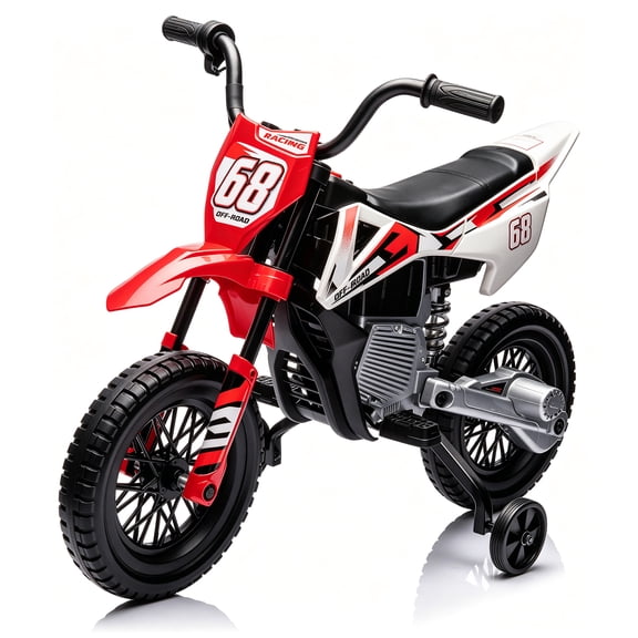12V Kids Motorcycle for Ages 3-6, 3.1mph Top Speed, Training Wheels, Spring Suspension, Music, Red