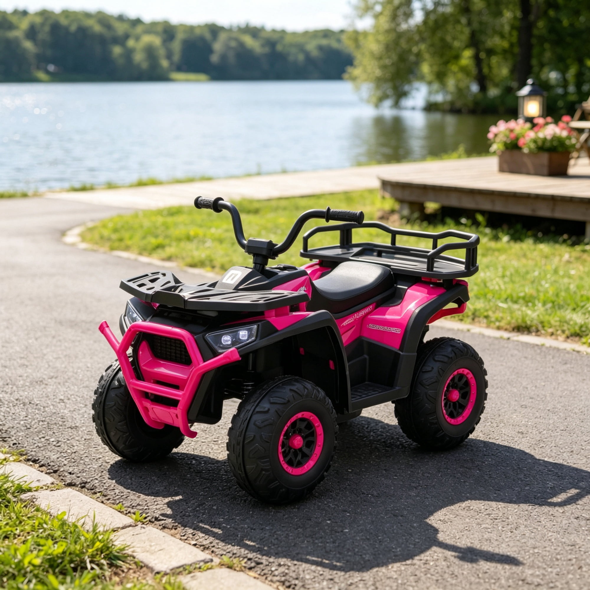 12V Kids Quad ATV, 4 Wheeler with 4 Spring Suspension Wheels, LED Lights, Music USB, Pink