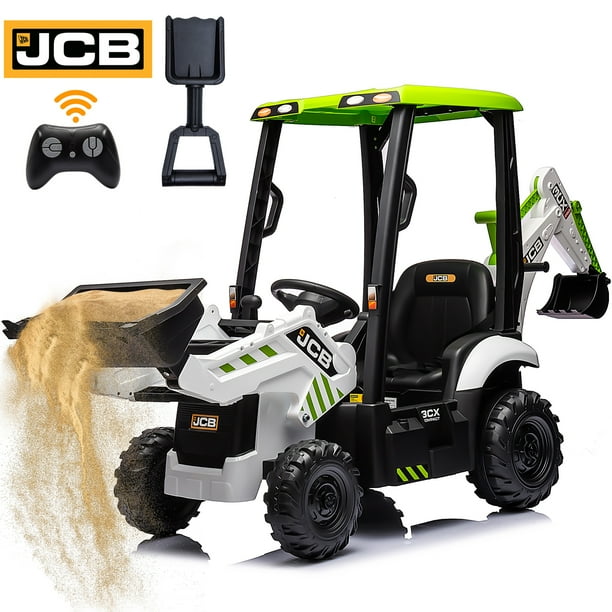 12V Kids Ride on Excavator Digger Toy with Shovel JCB Battery Powered Electric Tractor with Remote Control Ride on Construction Truck w Adjustable Front and Back Loader for 3 6 Boys Girls White