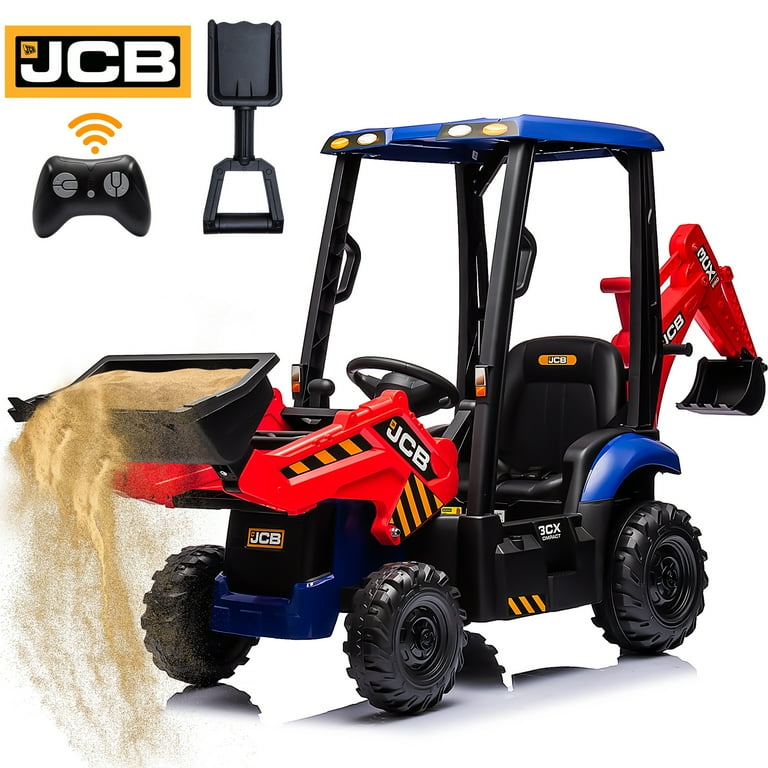 12V Kids Ride on Excavator Digger Toy with Shovel JCB Battery Powered Electric Tractor with Remote Control Ride on Construction Truck w Adjustable Front and Back Loader for 3 6 Boys Girls Red