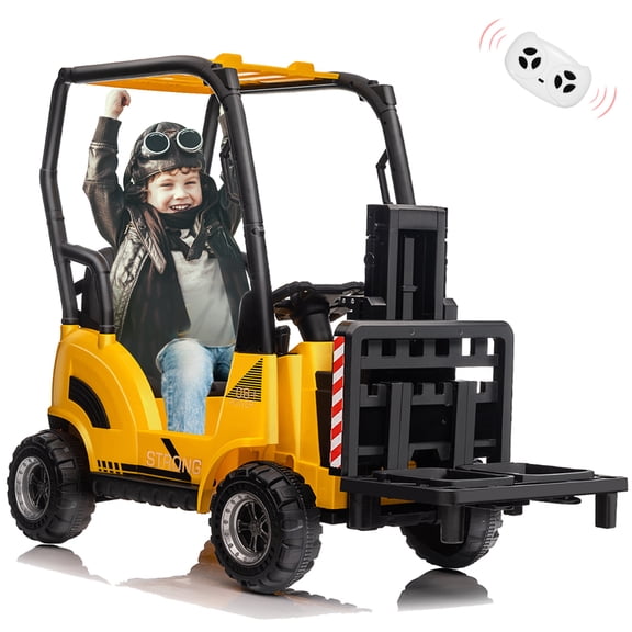 12V Kids Ride On Forklift Car with Tent and Remote Control – Liftable Fork & Pallet – Music, USB, MP3, Low Power Alarm – Construction Electric Vehicle Toy for Boys and Girls – Yellow