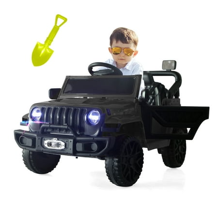 12V Kids Ride On Car Truck Electric Powered Cars Motorized Vehicles for Girls,Boys, with Remote Control, Openable Door,Music, Horn, Spring Suspension Wheels, Safety Lock, LED Light,Toy Shovel Black