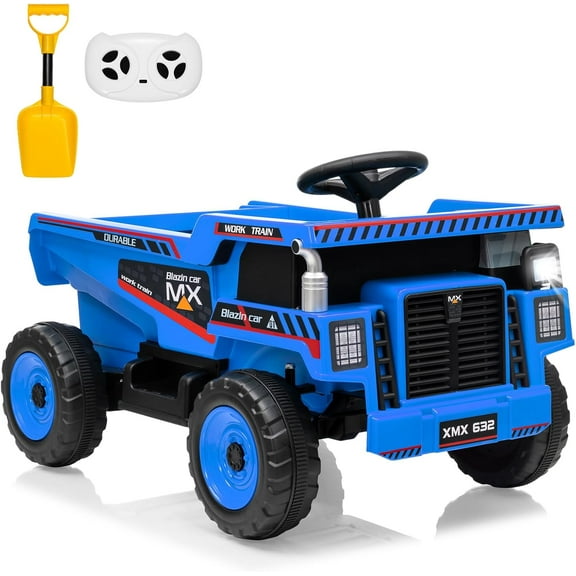 12V Kids Ride-On Dump Truck with Remote Control – Electric Construction Vehicle with Automatic Lift Dump Bed, Detachable Shovel,Spring Suspension & LED Lights for Ages 3-8, Blue
