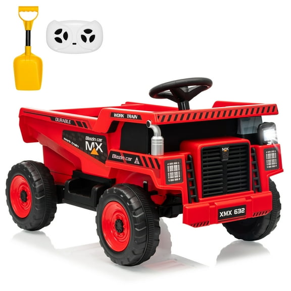 12V Kids Ride-On Dump Truck with Remote Control, Electric Dump Bed, Detachable Shovel, Music & LED Lights, Battery Powered Construction Vehicle Toy with Spring Suspension for Boys & Girls (Red)