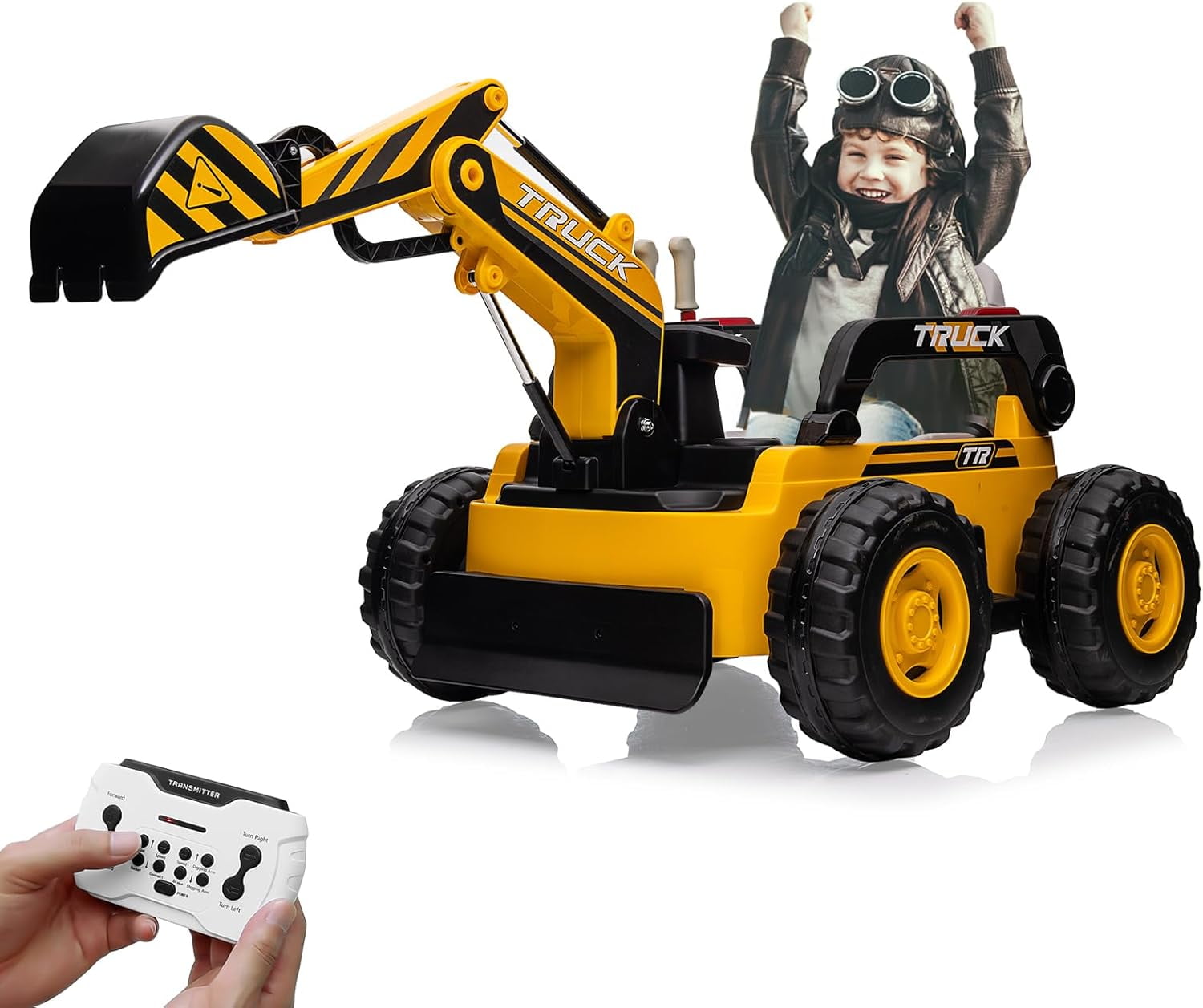 12V Kids Ride On Excavator Digger Truck with Remote Control & Electric Digging Arm