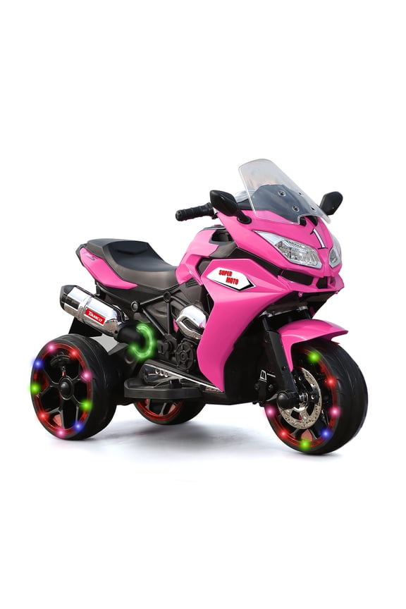 Kids Ride On Motorcycle, 12V Battery Powered, LED Lights, Music, Pink