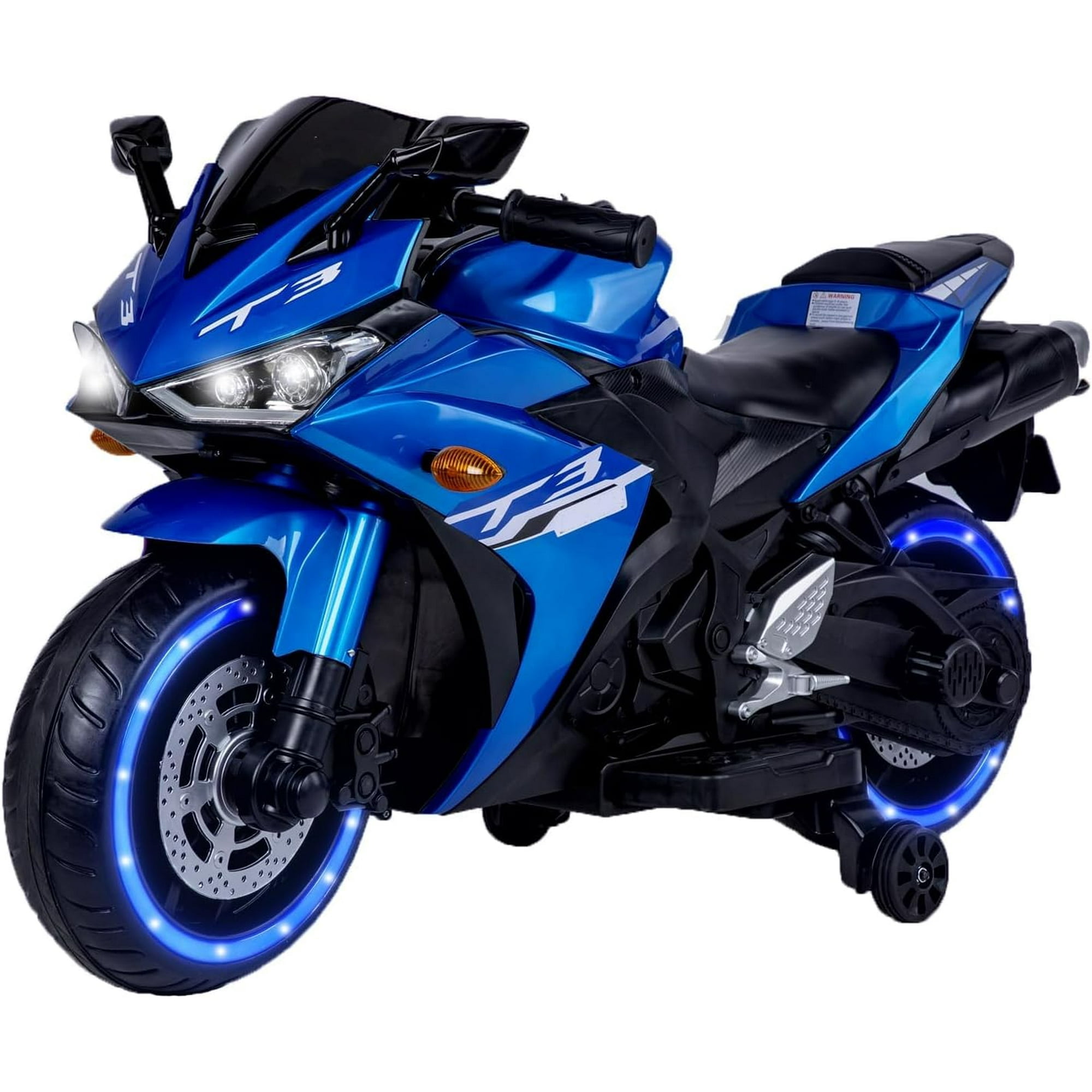 12V Blue Electric Motorcycle with LED Lights and Training Wheels